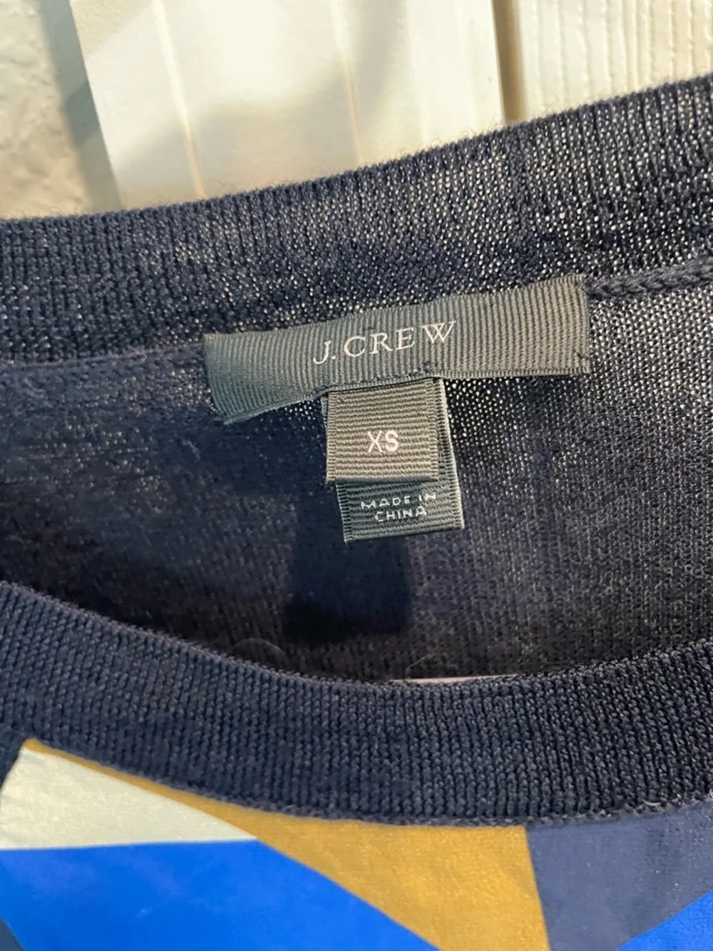 J. Crew long sleeve navy blue w Geometric design front merino wool/Silk sweater
